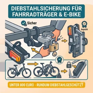 Diagram highlighting the integrated anti-theft locks and security features of a typical Fahrradträger mit Rampe unter 800 Euro.