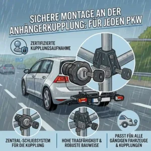 Safe tow bar coupling attachment guide for installing the Fahrradträger mit Rampe für Autobahn geeignet on a standard trailer hitch.