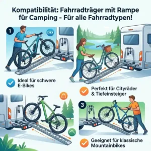 Grafik zeigt die Kompatibilität eines Fahrradträgers mit Rampe beim Camping für Mountainbikes, E-Bikes und Cityräder.