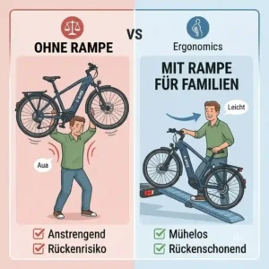 Infographic comparing ergonomics: using a Fahrradträger mit Rampe für Familien versus lifting manually.