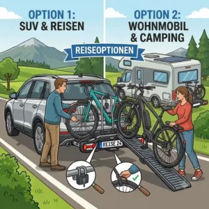 Comparison of a Fahrradträger mit Rampe für Reisen mounted on an SUV and a campervan.