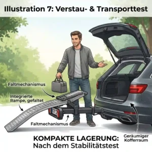 Demonstrating the folding mechanism and trunk storage compatibility after completing the Fahrradträger mit Rampe Stabilitätstest