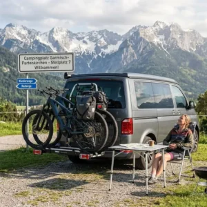 Das Auto parkt am Campingplatz mit dem Fahrradträger mit Rampe für lange Reisen im Hintergrund.