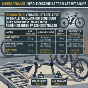 Comparison table of different models of Traglast Fahrradträger mit Rampe and their specific load capacities in kilograms.